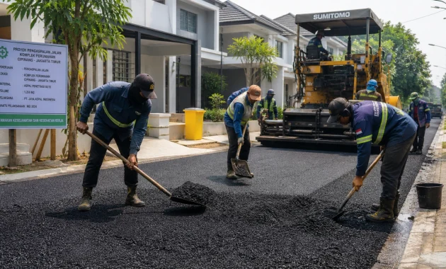 penghamparan aspal pen 60/70 di proyek pengaspalan jakarta timur