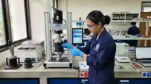 proses pengujian laborat menggunakan metode marshaal test aspal oleh petugas laboratorium