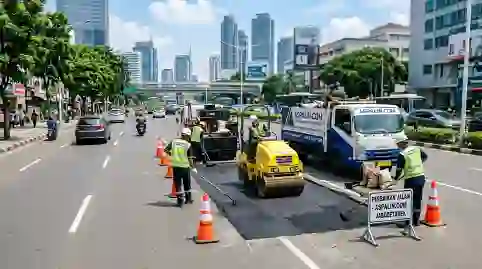proses perbaikan bekas galian jalan oleh tim aspalin di wilayah jakarta timur tebet